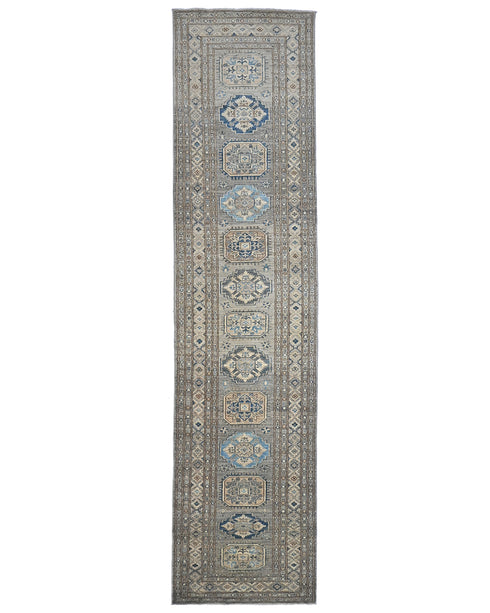 11 Ft Gray Kazak Afghan Hand Knotted Geometric Wool Runner Rug